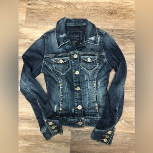 Vintage GUESS Y2K Dark Blue Denim Jacket with Gold Buttons Size XS Women’s